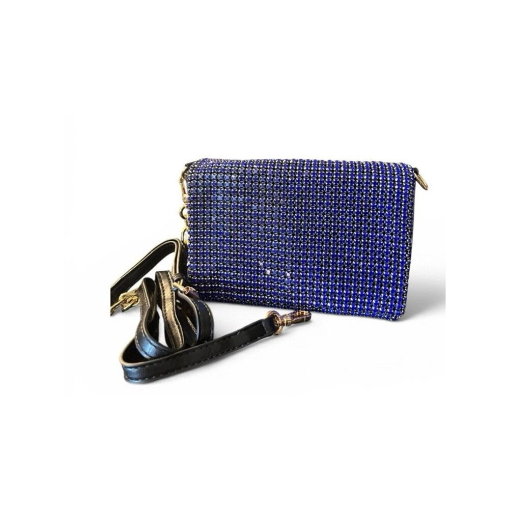 Royal Blue Beaded Rhinestone Bling Crossbody Clutch Purse Vegan Leather NWT